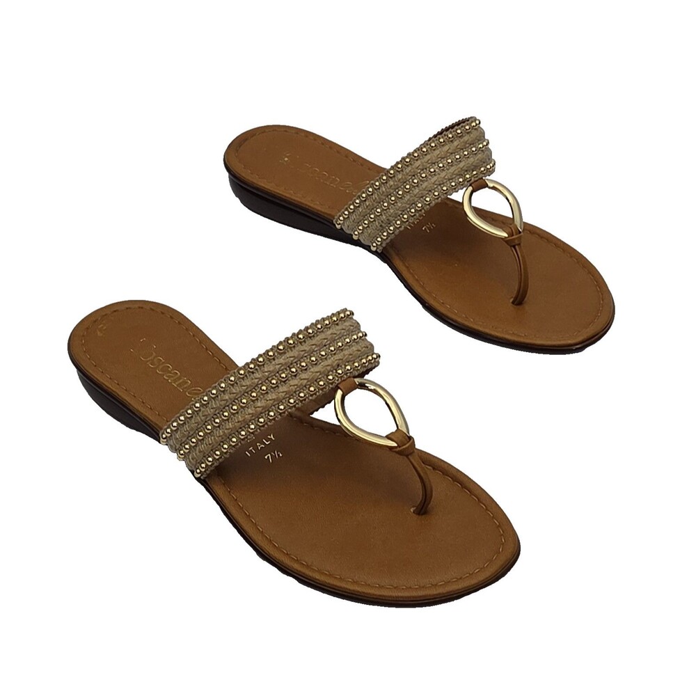 Toscanella Sandal Shoe Thong Flat Women Sz 7.5 Brown Gold Studs Slip-On Woven